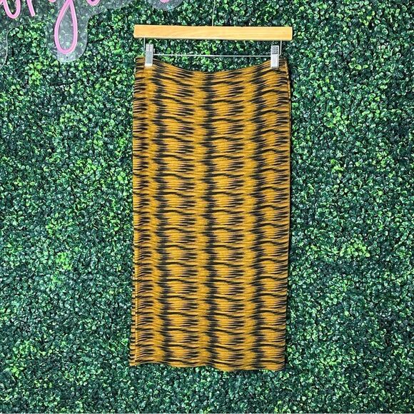 American Apparel Pencil Skirt Hyena Mustard Pattern Black Sz L - Picture 1 of 6